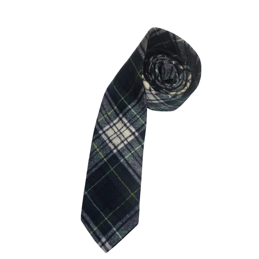 Vintage 1980s Men's 100% Wool Plaid Necktie Green Navy Tartan Preppy Ska
